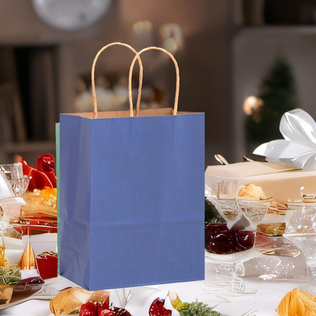 Kraft Deep Blue Paper Gift Bags with Handles, 50 Pack